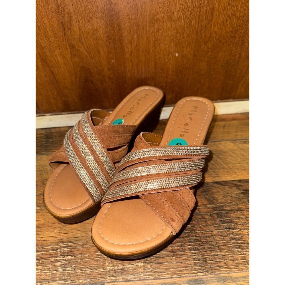 NWOT‎ Mariella Brown Rhinestone Wedge Sandals Size 8